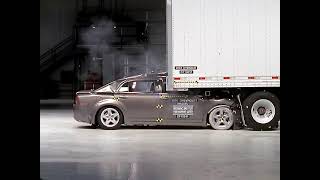 Chevrolet Malibu into a Hyundai Trailer IIHS Underrail crash test [upl. by Adnilav]