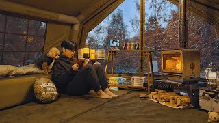 Inflatable Tent Camping with My Dog  Korean Ramen Rabokki  Wood Stove ASMR [upl. by Aggi]