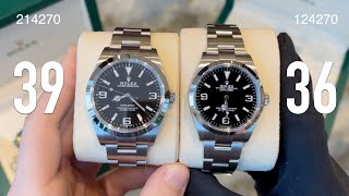 New Rolex Explorer 36mm 124270 vs Rolex Explorer 39mm 214270 review comparison [upl. by Nnylidnarb]