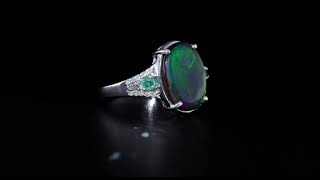 Oval Ammolite Emerald amp Diamond Ring In Rhodium over Sterling Silver [upl. by Drais346]