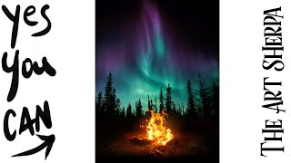 Aurora Borealis and Camp fire 🌟🎨 How to Draw and Paint tutorial for Beginners [upl. by Emmy515]