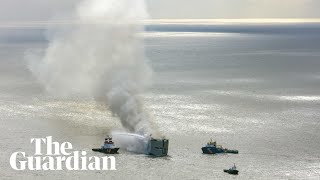 Cargo ship carrying 3000 vehicles continues to burn off Dutch coast [upl. by Ellivnarg]