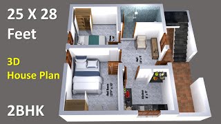 25 x 28 feet house plan amp 3d elevation  25 x 28 ghar ka naksha  2 bedroom house design  Plan 11 [upl. by Nymsaj662]