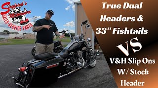 True Dual Fishtails VS VampH Slip Ons Road King TWIN CAM exhaust comparison [upl. by Rednazxela]