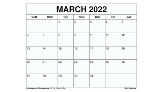 Printable March 2022 Calendar Templates with Holidays  Wiki Calendar [upl. by Niac]