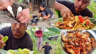 cook and eat wild mushroom and smoked meat  crab fry  eating sour mango and peach  kents vlog [upl. by Spohr735]