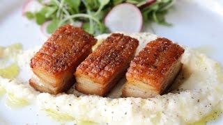 Pork Belly with Celery Root Puree  Crispy Pork Belly Recipe [upl. by Ynaitirb]