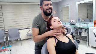 ASMR Turkish Barber beatiful red head young female massage and soapy hair wash [upl. by Alaikim]