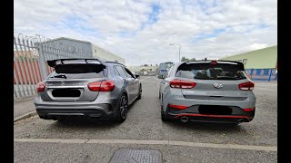 HYUNDAI I30N 2021 FACELIFT VS AMG GLA 45 EXHAUST SOUND REVS POPS amp BANGS [upl. by Akisej]