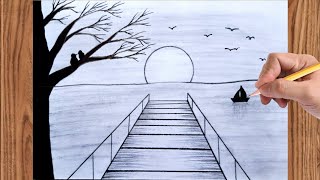 beautiful Drawing of Nature  How to draw sketch Of Nature Pencil Drawing  Bird Couple Bridge boat [upl. by Devi]