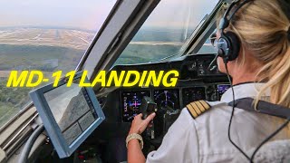 Female Pilot Landing MD 11 Cockpit View Lufthansa [upl. by Ecilahs]