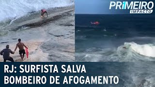 Surfista salva bombeiro afogado no mar durante campeonato  Primeiro Impacto 180422 [upl. by Dougy]