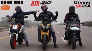 Apache RTR 310 vs KTM Duke 250 vs Suzuki Gixxer SF 250 Drag Race [upl. by Nimocks]