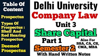 Company Law l Unit 3 l Share Capital l Part 1 Semester 2 l B Com l Delhi University l With Notes l [upl. by Rhoda256]