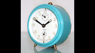 PHOTOSHOOT TEDDY Swiss Alarm Clock Blue Mantel GORGEOUS Condition Vintage [upl. by Brighton]