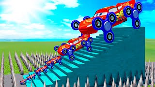 BIG amp SMALL Spider Man on Disabled carriage vs Train vs LAVA PIT WITH SPIKES  Pixar Cars in BeamNG [upl. by Sesilu67]