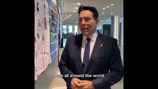 Danny Danon on exhibition of childrens drawings on quotworld peacequot at UN with no mention of hostages [upl. by Alleunam]