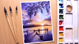 Watercolor painting of sunset evening landscape of river side easy [upl. by Hirst]