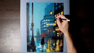 Walk in the rain  Acrylic painting  Night city  Step by Step [upl. by Helprin]