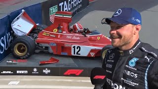 Bottas reacts to Charles Leclerc crashing Niki Laudas Ferrari at Monacomonacogpmonacorace [upl. by Schach]