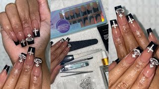 HOW TO APPLY PRESS ON NAILS WITH GEMS  DIY NAIL TUTORIAL FOR BEGINNERS LONG LASTING NAILS [upl. by Finley]