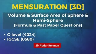 Volume amp Surface Area of Sphere amp Hemisphere Formula amp Questions Mensuration 3D O level  IGCSE [upl. by Derriey]