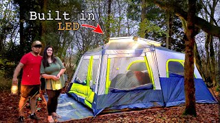 New Tent with Built in Switch  camping in the woods  Hot Tent Stove [upl. by Eekcaj]