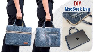 Sewing diy denim MacBook Bag tutorial from old jeans  Laptop bag tutorial from denim jeans bag diy [upl. by Seiuqram787]