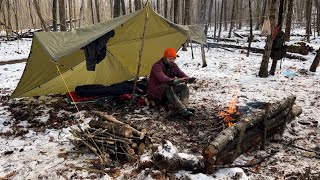 SOLO OVERNIGHT  Below FREEZING  Bushcraft Camp  Tarp Camping [upl. by Hagen272]