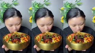 ASMR MUKBANG eating show noodles soup meatball roasted pork vegetable yummy [upl. by Anaujahs]