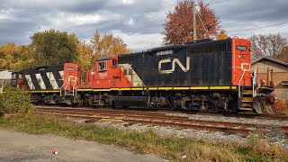 FALL TRAINS Two GP9RM Locomotives Running Long Hood Forward with Short Train at Pointe Aux Trembles [upl. by Towbin]