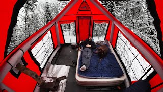 Winter Camping In Inflatable Cabin  Snow Storm  Bear Tenderloins [upl. by Anselma483]