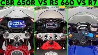 CBR 650R VS Aprilia RS 660 VS Yamaha R7  0 TO 300  TOPSPEED [upl. by Curry]