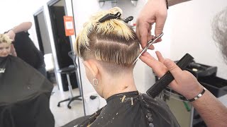 SUPER HAIRCUT  STACKED BLONDE PIXIE BOB CUT WITH UNDERCUT [upl. by Quarta430]