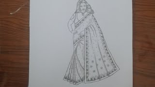 How to draw a traditional girl whit beautiful sareepencil sketch for beginnergirl drawing easy [upl. by Suolevram975]