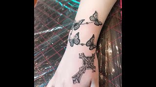 Butterfly Rosary Hand Tattoo 30sec Real time rosarytattoo butterflytattoo blackandgraytattoo [upl. by Nairot]