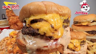 MUKBANG EATING IN N OUT CHEESEBURGERS ANIMAL STYLE FRIES JOLLIBEE CRISPY SPICY FRIED CHICKEN ASMR [upl. by Bessie]