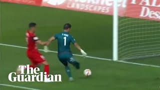 First goal in Spains new third tier is one to forget for goalkeeper [upl. by Aivax813]