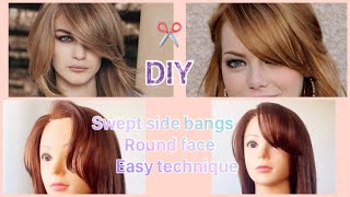 How To Cut swept side bangs  layered bangs round face  frange côté latérale Franja lateral [upl. by Annodam]