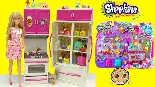 Shopkins Season 5  4 Unboxing with Surprise Blind Bags in Barbie Fridge  Cookieswirlc [upl. by Ahsait]