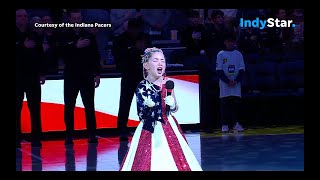 8yearold girl Kinsley Murray sings National Anthem at Indiana Pacers game in viral sensation [upl. by Rothmuller604]