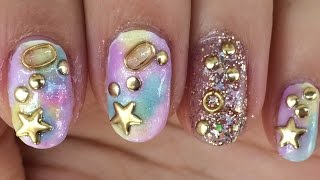 Colorful amp Gold Studs Nail Design Simple Fast Summer Look [upl. by Sheela]