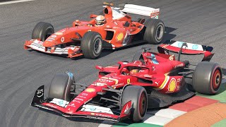 Ferrari F1 V10 2004 vs V6 Turbo Hybrid 2024 at Monza [upl. by Suoilenroc142]