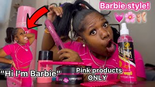 Doing my Natural hair with Only PINK products BARBIE Doll STYLE [upl. by Akihsat]