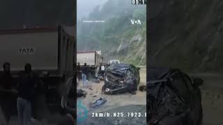 Giant Rock Hits Vehicles on Road in India shorts  VOA News [upl. by Ahsiekram64]