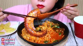 ASMR giant octopus tentacle x Cheesy spicy noodle  Eating sound  LINHASMR [upl. by Haiasi]