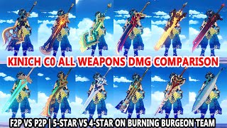 Kinich C0 All Weapons DMG Comparison  F2P Vs P2P  5Star vs 4Star on Burning Burgeon Team [upl. by Margret593]