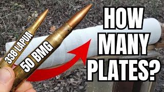 338 Lapua magnum VS 50 BMG  HOW MANY PAPER PLATES [upl. by Ellehciram]