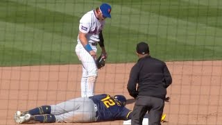 Benches Clear in Brewers Mets Game After Dangerous Slide [upl. by Odrareve]