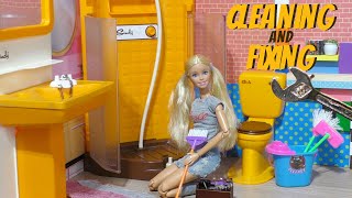 Barbie Cleans Nanas Bathroom And Fixes Her Shower  Cleaning Chores And DIY Jobs With Barbie [upl. by Tonkin]